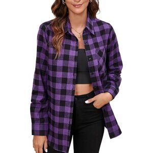 Women Plaid Flannel Shirt Plus Size Roll-Up Long Sleeve Casual Top